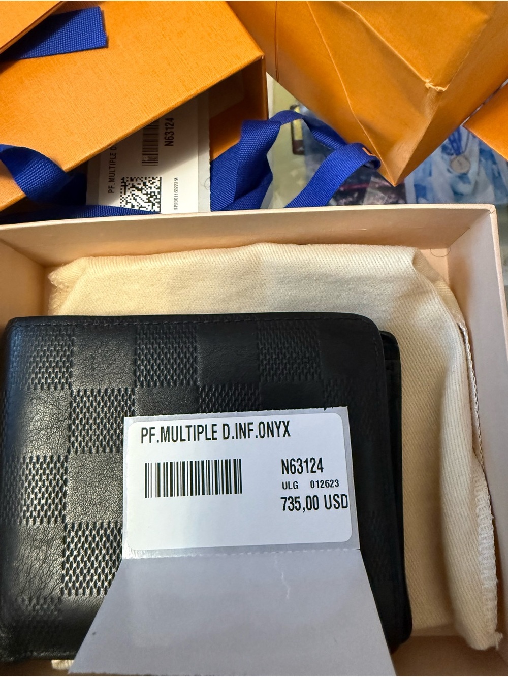 Louis Vuitton Black Checkered Bifold Wallet with Orange Packaging